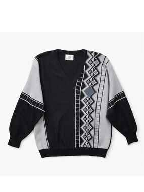 Gabicci Italy Wool Blend V Neck Sweater XL Black Gray Geometric